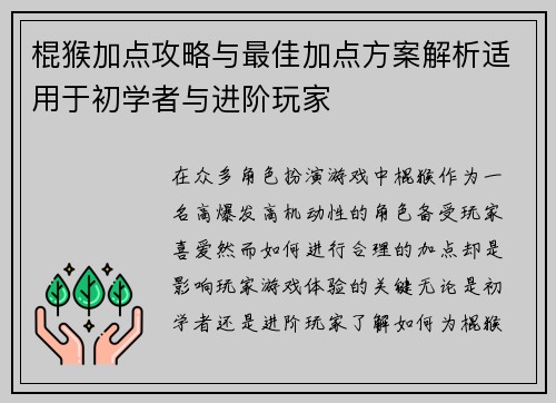 棍猴加点攻略与最佳加点方案解析适用于初学者与进阶玩家